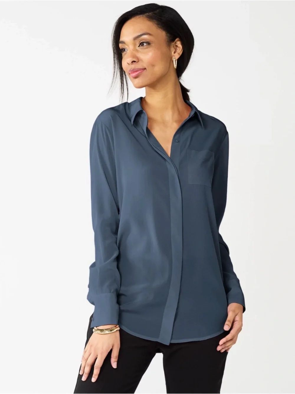 Nine West Drapey Women's PXL Dusty Blue Button Down LS Blouse with Pocket EUC